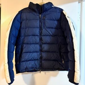 Moncler Navy and Cream Puffer with retractable hood Norme Afnor G32-003